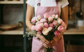 ai genererad en blomsterhandlare i ett förkläde med flera buketter och blommor foto