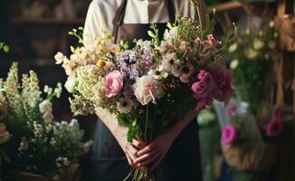 ai genererad en blomsterhandlare i ett förkläde med flera buketter och blommor foto
