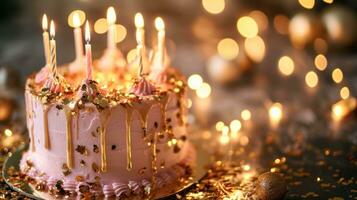 ai genererad en rosa födelsedag kaka Utsmyckad med guld droppa glasyr foto