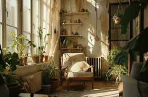 ai genererad en levande rum med en hängmatta och växter foto