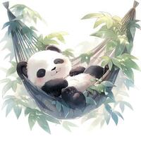 ai genererad en sömnig bebis panda i en hängmatta. vattenfärg illustration. ai genererad foto