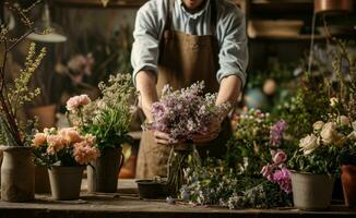 ai genererad en man i ett förkläde arrangera blommor i behållare foto