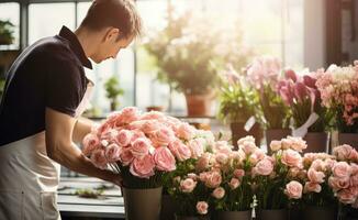 ai genererad en man i ett förkläde arrangera blommor i behållare foto