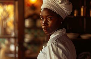 ai genererad ett elegant afrikansk kvinnor kock bär vit enhetlig i restaurang foto