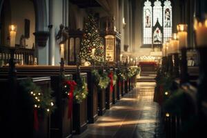 ai genererad en kyrka fylld med jul dekorationer och ljus foto