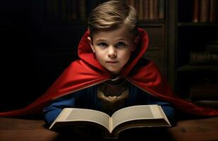 ai genererad en liten pojke läsning en bok i en röd cape foto