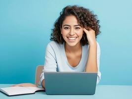 ai genererad skön ung Lycklig latin företag kvinna använder sig av bärbar dator enhet , isolerat på en blå bakgrund foto
