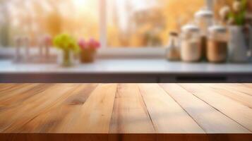 ai genererad generativ ai, tömma trä- bordsskiva på suddig modern kök bakgrund med kopia Plats foto