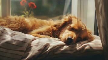 ai genererad generativ ai, söt hund sovande på mysigt värma filt nära de fönster, hygge stil foto