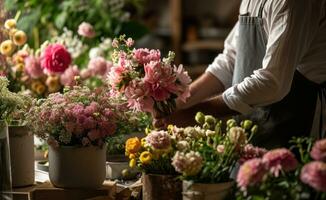 ai genererad en man i ett förkläde arrangera blommor i behållare foto