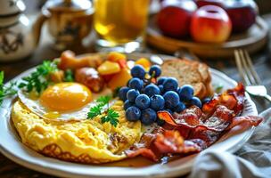 ai genererad frukost tillverkad enkel med färsk frukt, blåbär, vindruvor, omelett foto