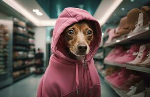 ai genererad hund med en rosa huvor hoppare i en affär foto