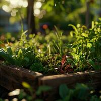 ai genererad plantering grönsaker i en Uppfostrad säng foto