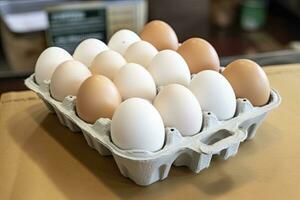 ai genererad stänga upp av öppen kartong av färsk Lagra köpt vit ägg. ai genererad foto
