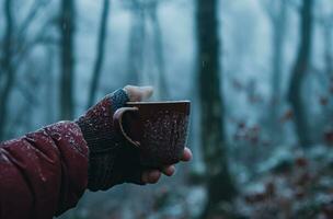 ai genererad en hand innehav en kaffe kopp över en dimmig höst skog foto