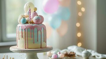 ai genererad trött födelsedag kaka med festlig ballong dekorationer foto