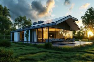 ai genererad sol- paneler på tak av hus med ett öppen gräsmatta foto