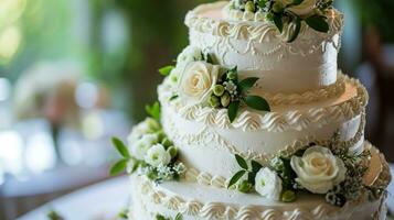 ai genererad tre nivåer vit bröllop kaka dekorerad med blommor och grön löv foto