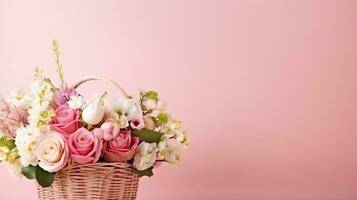 ai genererad en vackert anordnad bukett av vår blommor i en korg på en pastell rosa foto