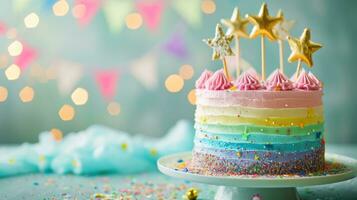 ai genererad vibrerande pastell regnbåge födelsedag kaka med flaggväv och gyllene stjärna foto