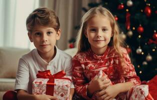 ai genererad barn innehav presenterar med jul jul ornament foto