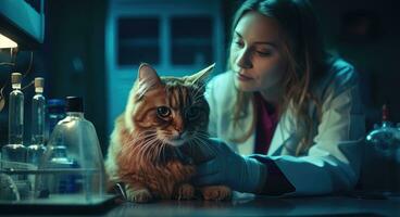 ai genererad kvinna veterinärer undersöka en katt tillsammans, foto