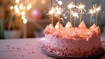 ai genererad rosa födelsedag kaka med guld ljus och sparklers fira foto