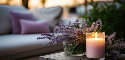 ai genererad en ljus med lavendel- blommor Nästa till en soffa foto