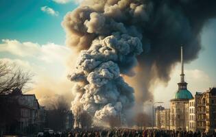 ai genererad en plym av rök går in i de luft i en stad efter ett explosion foto