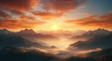 ai genererad en soluppgång över bergen i ett animerad scen foto