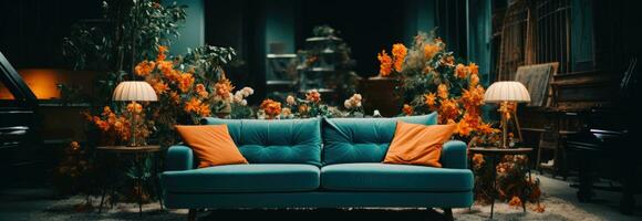 ai genererad en rum med två orange och blå soffor med grön wallflowers i de bakgrund foto