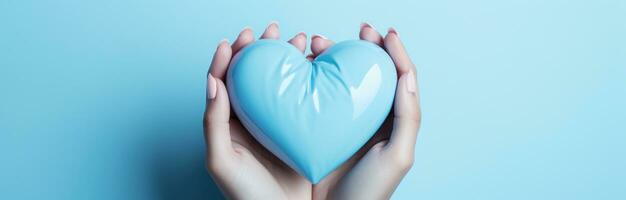 ai genererad händer i blå handskar med blå hjärta formad handske på blå bakgrund, foto