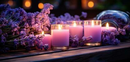 ai genererad lavendel- ljus är placerad Nästa till flera ljus på de trä- bänk foto