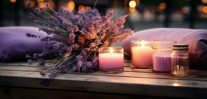 ai genererad lavendel- ljus är placerad Nästa till flera ljus på de trä- bänk foto