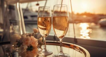 ai genererad kvinnor toasting champagne på en Yacht foto