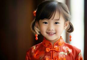 ai genererad en ung flicka leende i ett asiatisk cheong sam klänning foto
