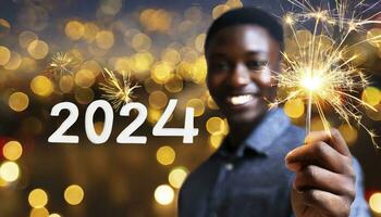 ai genererad ny år eve 2024 fest händelse firande Semester hälsning kort - närbild av gnistrande sparklers och bokeh lampor i de bakgrund foto