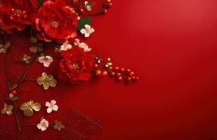 ai genererad ett tömma röd bakgrund med blommor och röd ro foto