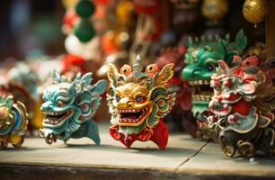 ai genererad annorlunda kinesisk masker och dekorationer är placerad i främre av en byggnad, foto