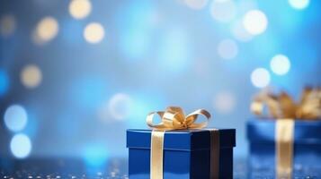 ai genererad blå jul gåva lådor på bokeh bakgrund, foto