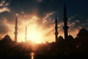 ai genererad eid ul fitr och en moské är silhouetted mot de himmel, foto