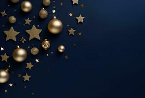 ai genererad guld jul ornament anordnad i en blå ram med stjärnor foto