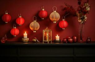 ai genererad ny år eve dekoration av kinesisk lyktor i en levande rum foto