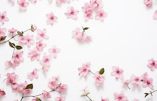ai genererad rosa blommor med löv faller av på vit bakgrund med vår blomning foto