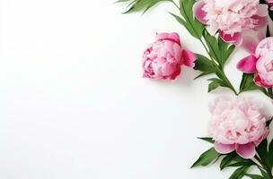 ai genererad rosa pion blommor på vit med grön löv minimalistisk bakgrunder foto