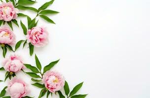 ai genererad rosa pion blommor på vit med grön löv minimalistisk bakgrunder foto