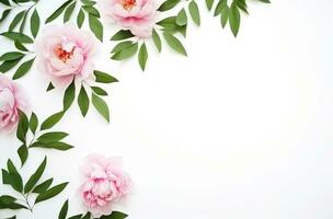 ai genererad rosa pion blommor på vit med grön löv minimalistisk bakgrunder foto