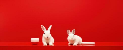 ai genererad två små vit kaniner är placerad på en röd tabell, foto