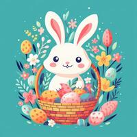 ai genererad en nyckfull påsk scen med en kanin kikar ut av en korg fylld med färgrik ägg och blommor foto