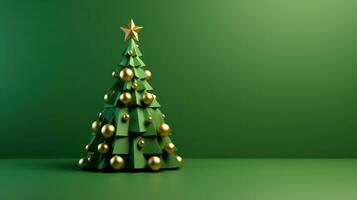 ai genererad en triangel jul träd i en 3d tolkning på en grön bakgrund foto